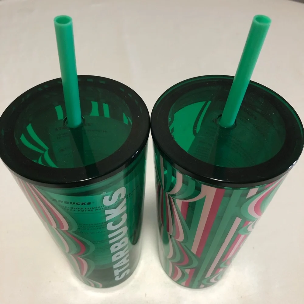 Starbucks (2) NEW Green and Pink Patterned Stripe‎ Ornaments Tumblers.Size 18oz.